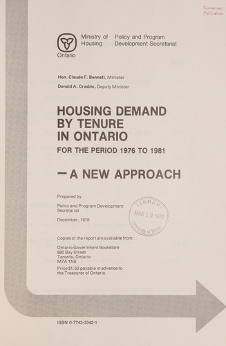 Cover for HOUSING DEMAND BY TENURE IN ONTARIO FOR THE PERIOD 1976 TO 1981 - A NEW APPROACH