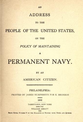 Cover for An address to the people of the United States, on the policy of maintaining a permanent navy.