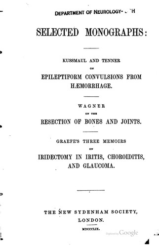 Cover for Selected Monographs: Kussmaul and Tenner on Epileptiform Convulsions from ...