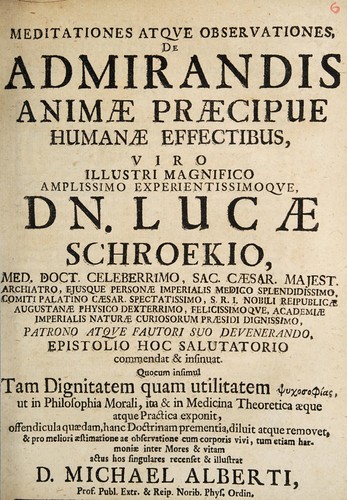 Cover for Meditationes atque observationes, de admirandis animae praecipue humanae effectibus ...