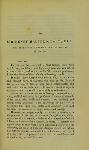Cover for A letter to Sir Henry Halford, Bart., K.C.H., President of the Royal College of Physicians, &c. &c. &c. touching some points of the evidence, and observations of counsel, on a commission of lunacy on Mr. Edward Davies