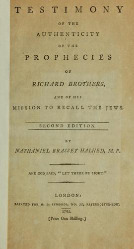 Cover for Testimony of the authenticity of the prophecies of Richard Brothers, and of his mission to recall the Jews