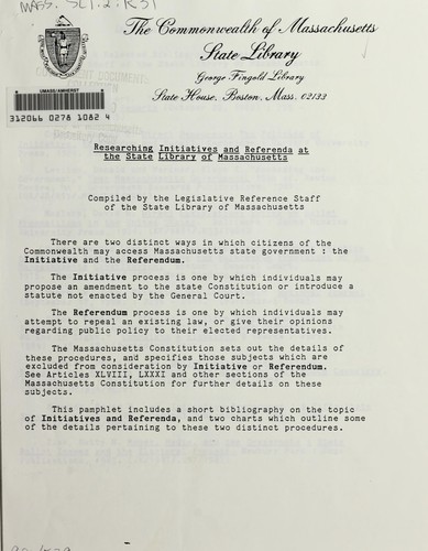 Cover for Researching initiatives and referenda at the State Library of Massachusetts