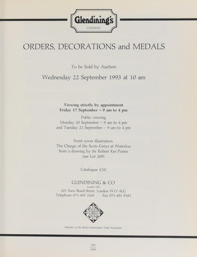 Cover for Orders, decorations and medals, to be sold by auction, [including] a unique collection of medals of the Order of the British Empire, 1917-22, and medals of the Order for Meritorious Service from 1922; a collection of medals mostly from the Great War, the property of a gentleman; [and] a[nother] collection of Great War Victory Medals, including an extensive series of American issues; [etc.] ...