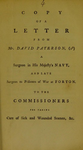 Cover for Copy of a letter from Mr. David Paterson, (1st), a surgeon in His Majesty's Navy, and late Surgeon to Prisoners of War at Forton, to the Commissioners for taking care of sick and wounded seamen, &c
