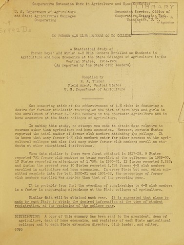 Cover for Do former 4-H club members go to college? A statistical study of former boys' and girls' 4-H club members enrolled as students in agriculture and home economics at the state colleges of agriculture in the central states, 1931-1932 (as reported by the state club leaders)
