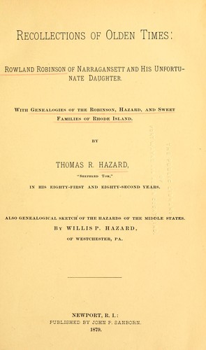 Cover for Recollections of olden times: Rowland Robinson of Narangansett and his unfortunate daughter