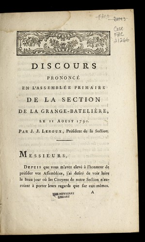 Cover for Discours prononce  en l'assemble e primaire de la section de la Grange-Batelie  re, le 11 aoust 1790