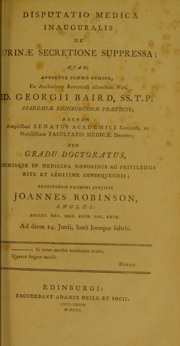 Cover for Disputatio medica inauguralis, de urinae secretione suppressa ...