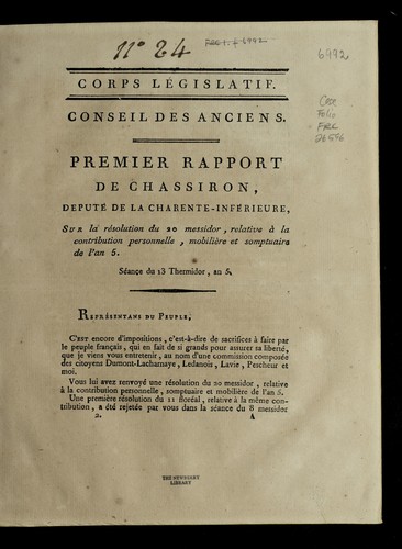 Cover for Premier rapport de Chassiron, de pute  de la Charente-Infe rieure, sur la re solution du 20 messidor relative a   la contribution personnelle, mobilie  re et somptuaire de l'an 5