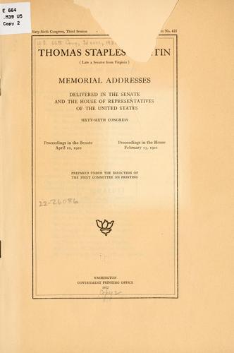 Cover for Thomas Staples Martin (late a senator from Virginia) Memorial addresses delivered in the Senate and the House of representatives of the United States, Sixty-sixth Congress.