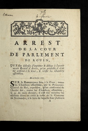 Cover for Arrest de la cour de Parlement de Rouen