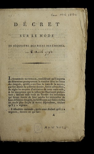 Cover for De cret sur le mode de se questre des biens des e migre s.