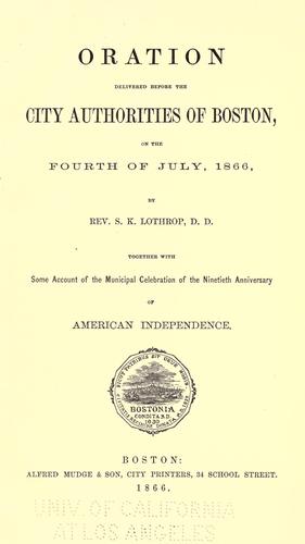 Cover for Oration delivered before the city authorities of Boston