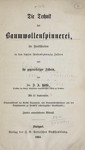 Cover for Die Technik der Baumwollenspinnerei