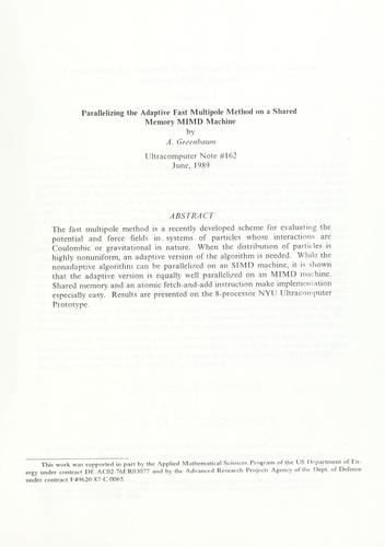 Cover for Parallelizing the adaptive fast multipole method on a shared memory MIMD machine.