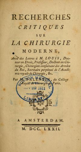 Cover for Recherches critiques sur la chirurgie moderne