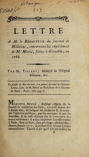 Cover for Lettre ... concernant les expériences de M. Mittié, faites à Grenoble, en 1788