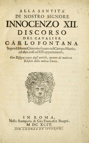 Cover for Discorso del cavalier Carlo Fontana sopra il Monte Citatorio situato nel Campo Martio