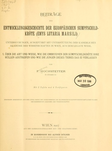 Cover for Beiträge zur Entwicklungsgeschichte der europäischen Sumpfschildkröte (Emys lutaria Marsili)