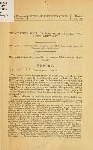 Cover for Terminating state of war with Germany and Austria-Hungary ...