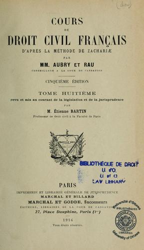 Cover for Cours de droit civil français d'après la méthode de Zachariae