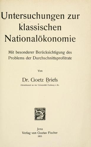 Cover for Untersuchungen zur klassischen Nationalokonomie, mit besonderer Berucksichtigung des Problems der Durchschnittsprofitrate