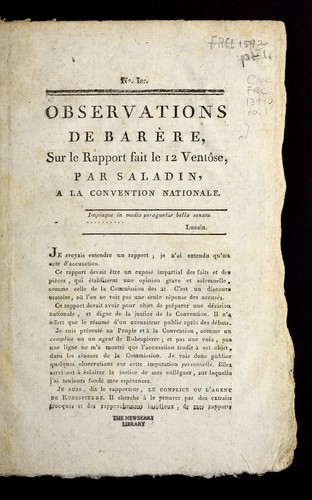 Cover for Observations de Barère, sur le rapport fait le 12 ventôse, par Saladin, à la Convention nationale