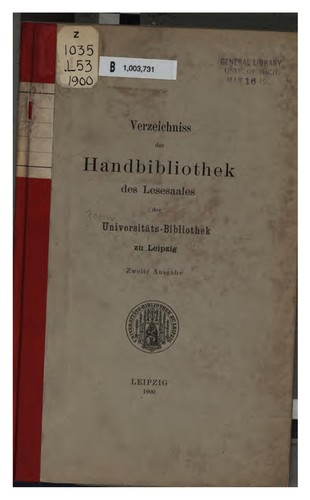Cover for Verzeichniss der Handbibliothek des Lesesaales der Universitäts-bibliothek zu Leipzig...