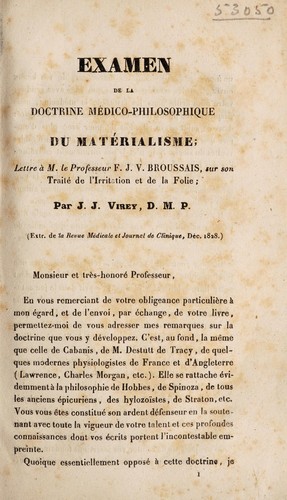 Cover for Examen de la doctrine médico-philosophique du matérialisme; lettre a M. le Professeur F.J.V. Broussais sur son 'Traité de l'irritation et de la folie'