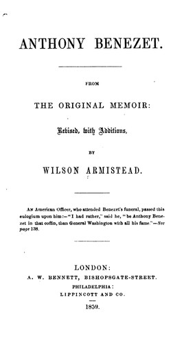 Cover for Anthony Benezet: From the Original Memoir