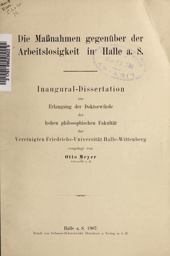 Cover for Die Masznahmen gegenüber der Arbeitslosigkeit in Halle a.S.