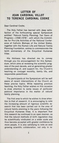 Cover for Letter of Jean Cardinal Villot and address of Terence Cardinal Cooke on the occasion of a Symposium on Natural Family Planning: Ten Years of Progress--1968-1978