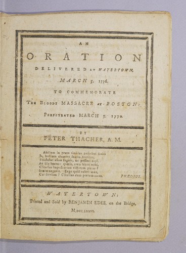 Cover for An oration delivered at Watertown, March 5, 1776.