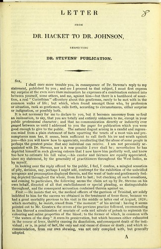 Cover for Letter from Dr. Hacket to Dr. Johnson, respecting Dr. Stevens' publication