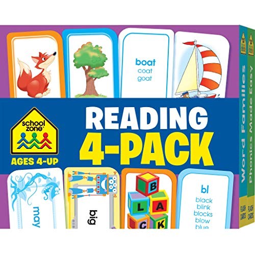 Cover for School Zone - Reading Flash Card 4-Pack - Ages 4 and Up, Short and Long Vowel Sounds, Combination Sounds, Rhyming, and More