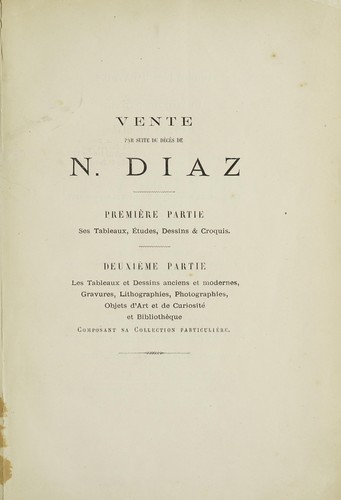 Cover for Catalogue de la vente qui aura lieu par suite du décès de N. Diaz de la Pena