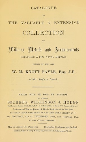 Cover for Catalogue of the valuable and extensive collection of military medals and accoutrements (including a few naval medals), formed by the late W.M. Knott Fayle, Esq. J.P., of Birr, King's co., Ireland ...