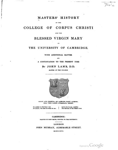 Cover for Masters' History of the College of Corpus Christi and the Blessed Virgin Mary in the University of Cambridge