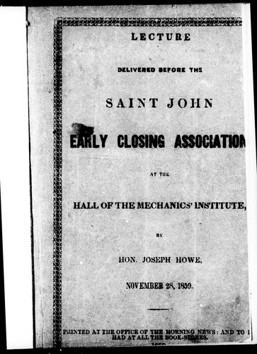 Cover for Lecture delivered before the Saint John Early Closing Association
