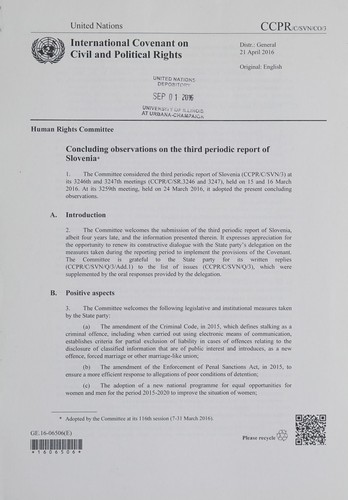 Cover for Concluding observations on the third periodic report of Slovenia