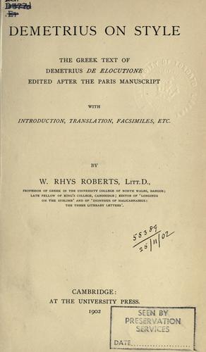 Cover for Demetrius On style, the Greek text of Demetrius De elocutione