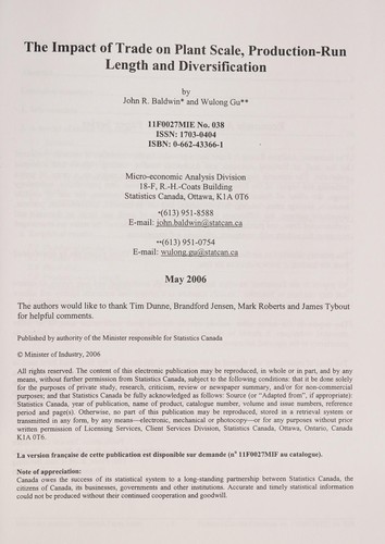 Cover for The impact of trade on plant scale, production-run length and diversification