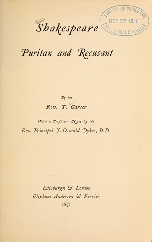 Cover for Shakespeare, Puritan and recusant