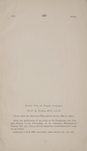 Cover for Further notes on Fuegian languages