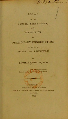 Cover for Essay on the causes, early signs and prevention of pulmonary consumption, for the use of parents and preceptors