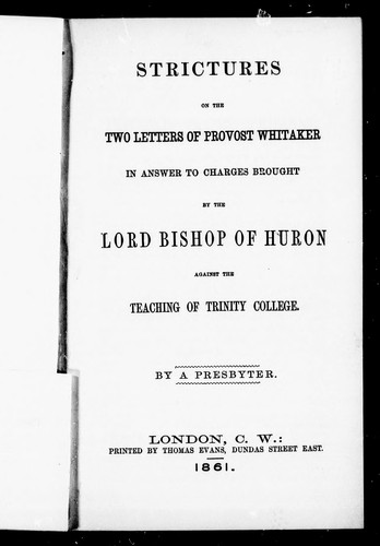 Cover for Strictures on the two letters of Provost Whitaker