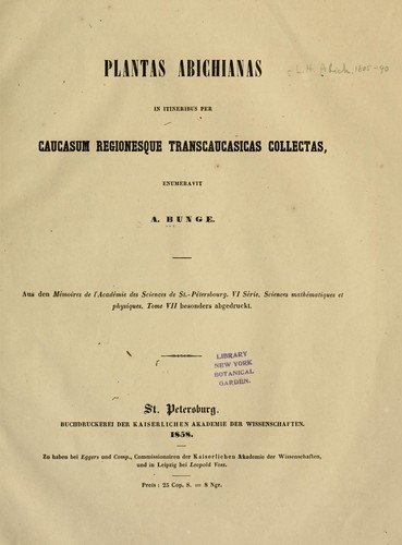 Cover for Plantas Abichianas in itineribus per Caucasum regionesque Transcaucasicas collectas