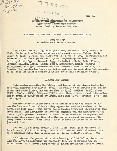 Cover for A summary of information about the khapra beetle