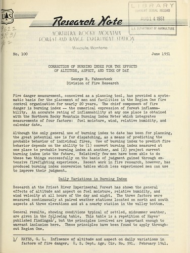 Cover for Correction of burning index for the effects of altitude, aspect and time of day